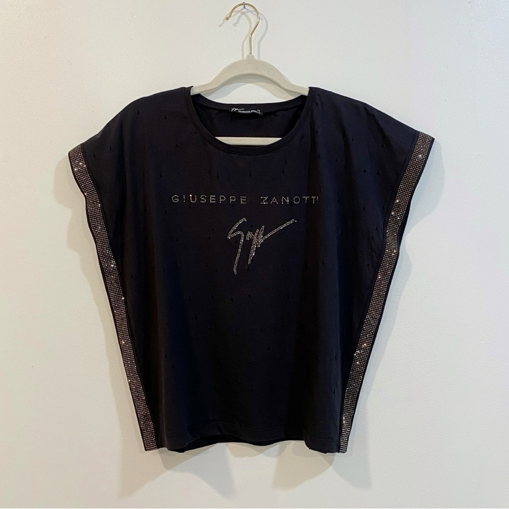 GIUSEPPE ZANOTTI black gray Sparkly Swarovski crystal distressed shirt top